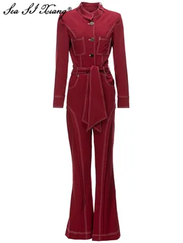 Seasixiang, модерен дизайнерски тела началото на есента, женски тела с яка-багажник, дълъг ръкав, джобове на колана, червени разкроена панталони