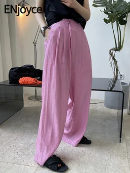 Летни дамски панталони дамски реколта наклонена дизайн отпред розово-червени спортни панталони плиссированная текстура Висока талия Широки панталони свободно намаляване на