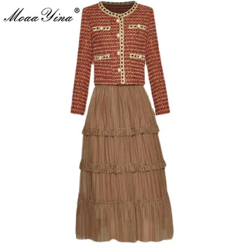 MoaaYina, модерен дизайнерски есенни поли, комплект от две части, женски червени твидовые сака с дълъг ръкав и мрежести поли, костюми