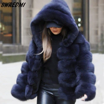 Зимна висококачествено палто от изкуствена лисьего кожа, дамски утепленная топло укороченная кожа яке с качулка, дамски модни дрехи, връхни дрехи SWREDMI