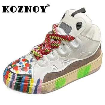 Koznoy/дамски маратонки 5 см платформа и танкетке в етнически стил от естествена кожа, удобни летни лоферы от въздушна мрежа в различни цветове, модерни обувки дантела