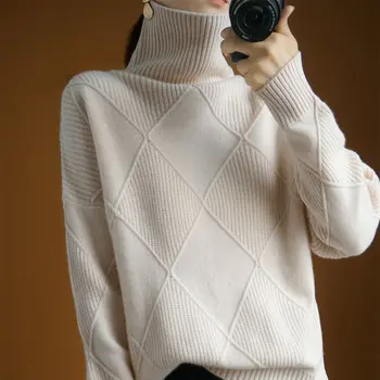 Реколта Аргайловые корейски пуловери с висока яка, изолирана топли възли пуловери, дамски есен-зима свободни пуловери, однотонная горна дреха с дълги ръкави