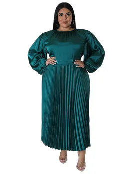 Жена плиссированное дълга рокля с кръгло деколте и дълъг ръкав, рокля за бала, по-големи размери на вечерни рокли