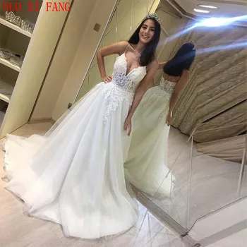 2022 Сватбени рокли трапецовидна форма, иллюзионный корсет, секси дантелени сватбени рокли с V-образно деколте, бретельки-спагети, апликации, сватбени рокли Casamento