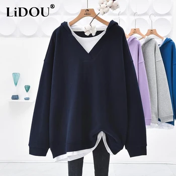 Пролетно-есенен дамски дрехи оверсайз, пуловери-двойка с V-образно деколте и дълъг ръкав, корейската ежедневни тениска със средна дължина, Motion