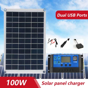Гъвкава соларен панел с мощност 100 Вата, зарядно устройство 12 v dual USB с контролер 10-100A, захранване за слънчеви панели, за къмпинг, автомобил, яхта, на АВТОБУСА
