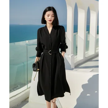2023 Пролетта и лятото, дамски новата модерна черна пола със средна дължина, темпераментное висококачествено рокля с дълги ръкави