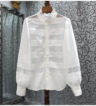 Тениски от 100% памук, пролетен стил 2023, дамски ежедневни бели ризи с дантела и бродирани в стил мозайка с дълъг ръкав, дамски ризи с копчета, върхове