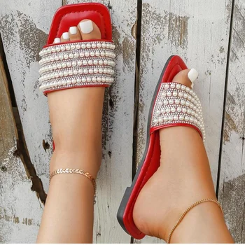 Сандали с изкуствени перли и кристали, обаятелен дамски летни модни сандали на равна подметка, 2023, улични ежедневни вечерни пикантни обувки
