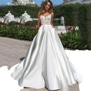 Атласное сватбена рокля Smileven, дантелено сватбена рокля с а-силует в стил бохо с джобове, шаферски рокли Vestido De Noiva