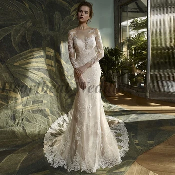 Елегантна сватбена рокля с деколте лодка 2023 с дълъг ръкав, влак, завързана аппликацией копчета отзад за жени, сватбени рокли стил Русалка