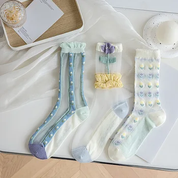 Модни летни дамски чорапи, тънки копринени чорапи от прозрачно стъкло в цветенце, японски кавайные красиви копринени чорапи с кружевными къдри и кристали