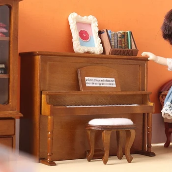 1 комплект 1:12 Куклена къща Миниатюрни пиано с табуреткой Модел на музикален инструмент Начало декор Детски играчки за ролеви игри, Аксесоари за кукла къща