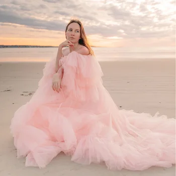 YALIN Розови дамски рокли за абитуриентски бал за бременни, елегантен V-образно деколте, бална рокля с волани за бременни, вечерна рокля за фотосесия за бременни