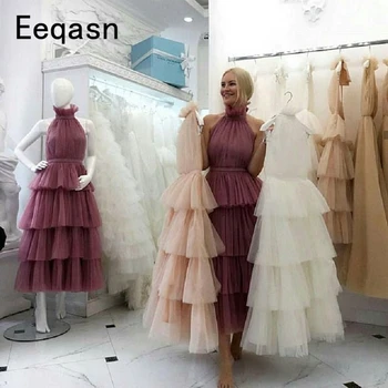 Нови нива тюлевые рокли за бала в Бяло, розово, черно, Саудитска арабската чаена дължина, елегантна секси вечерна рокля vestido Gala