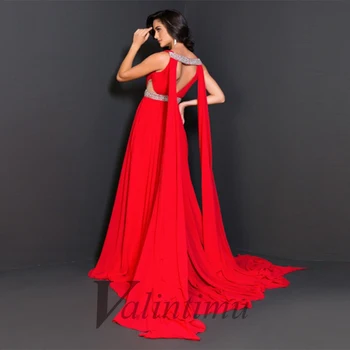 Червена елегантна наметало с кристали, един коктейл вечерна рокля за спагети презрамки трапецовидна форма, сшитое по поръчка, вечерни халати за бала