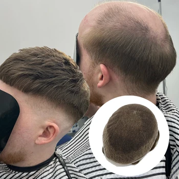 100% Швейцария перука, завързана на мъжка перука от истински човешки коси на мъжка перука с естествени линии на растежа на косата Подмяна на системния блок