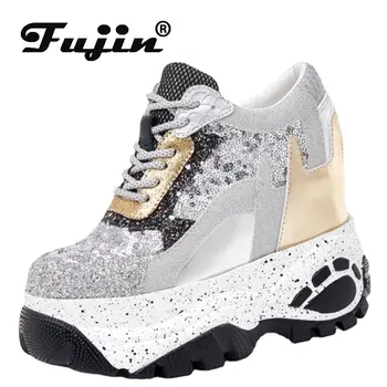 Fujin 12,5 см, нова синтетична дамски марка дизайнерски обувки, дамски вулканизированная, есен-пролет, цветни блестящи дишащи обувки