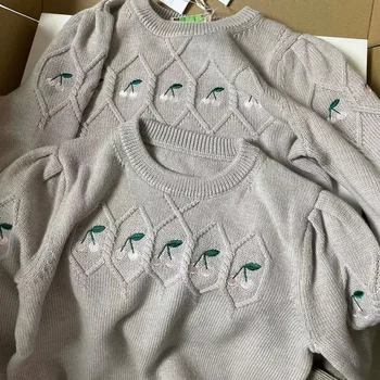 Предварителна продажба (заминаване в септември) 2023 г., пуловер с бродерия череши за малки момичета, детски жилетка, кашмир вязаный жилетка, вълнен пуловер за момчета