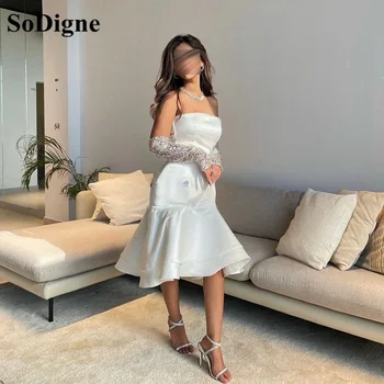 SoDigne Бели вечерни рокли на Русалка с пайети и дълги ръкави чаена дължина, Саудовское арабско-секси вечерна рокля за абитуриентски бал