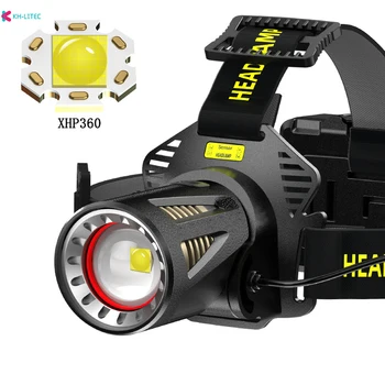 XHP360 Высокомощный налобный фенер за риболов, акумулаторна лампа за къмпинг, разходки, led светлини, факел, може да се използва като източник на енергия