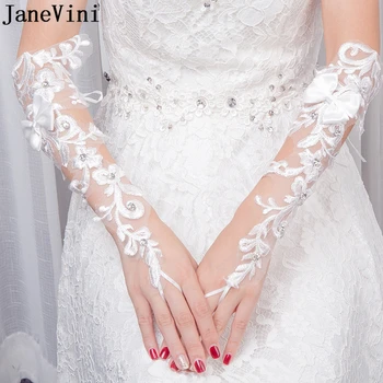 JaneVini Нови женски сватбени ръкавици без пръсти, елегантни бели дантелени ръкавици, кристални ръкавици с дължина до лакътя, аксесоари за сватбени партита 2021