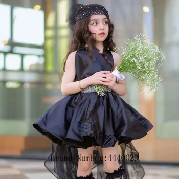 Черен сатен цвете момиче рокли за момичета 2023 до коляното, без ръкави, сватбени рокли, парти лято فساتين للحفلات الراقصة