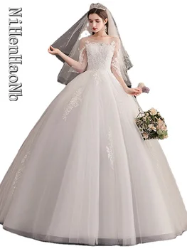 Vestido De Noiva Сватбена рокля 2023 с ръкав три четвърти и кръгло деколте в Луксозна бална рокля на принцеса Robe De Mariee