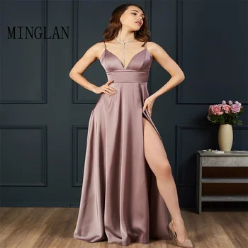 MINGLAN Модно хубава рокля за спагети презрамки и без ръкави, дълга рокля трапецовидна форма, за абитуриентски, вечерни рокли в пода с висока цепка отстрани, новост 2023 година