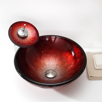 Червен персонализирани мивка с надпис на втвърдяване на стъкло с водопадным чучур, семейна баня в хотел, мивка с двойно предназначение