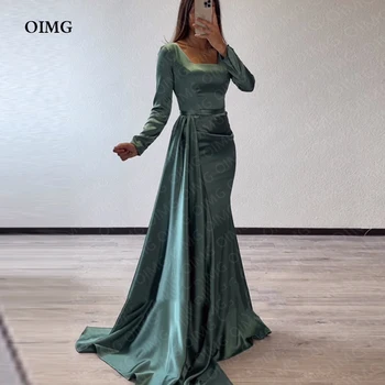 OIMG Зелено атласное дълго арабското вечерна рокля трапецовидна форма, с дълги ръкави, без презрамки 2023, рокли за абитуриентски бал, рокли за нощен клуб, Vestidos