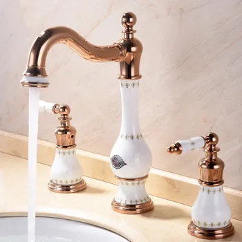 В арабски стил от масивен месинг и розово злато смесител за мивка в банята със студена и гореща вода с кранче за басейна кран високо качество с три дупки кран
