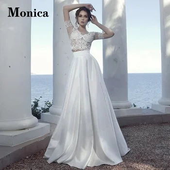 MONICA Illusion, сатен сватбени рокли за жени, трапециевидные, с къс ръкав, съвременните апликации от копчета, придворен струята, V-образно деколте, по поръчка