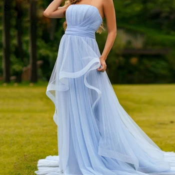 Женствена рокля за бала рокля без презрамки с отворен гръб 2023, синьо небе тюл, плиссированное рокля трапецовидна форма с къдри хем, рокля за булката, вечерна рокля за гостите на сватбата